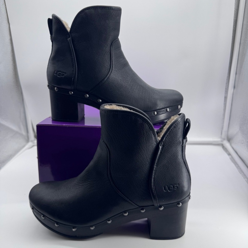 UGG Cam II Studded Black Platform Leather Ankle Boots Shearling Fleece Lining 9